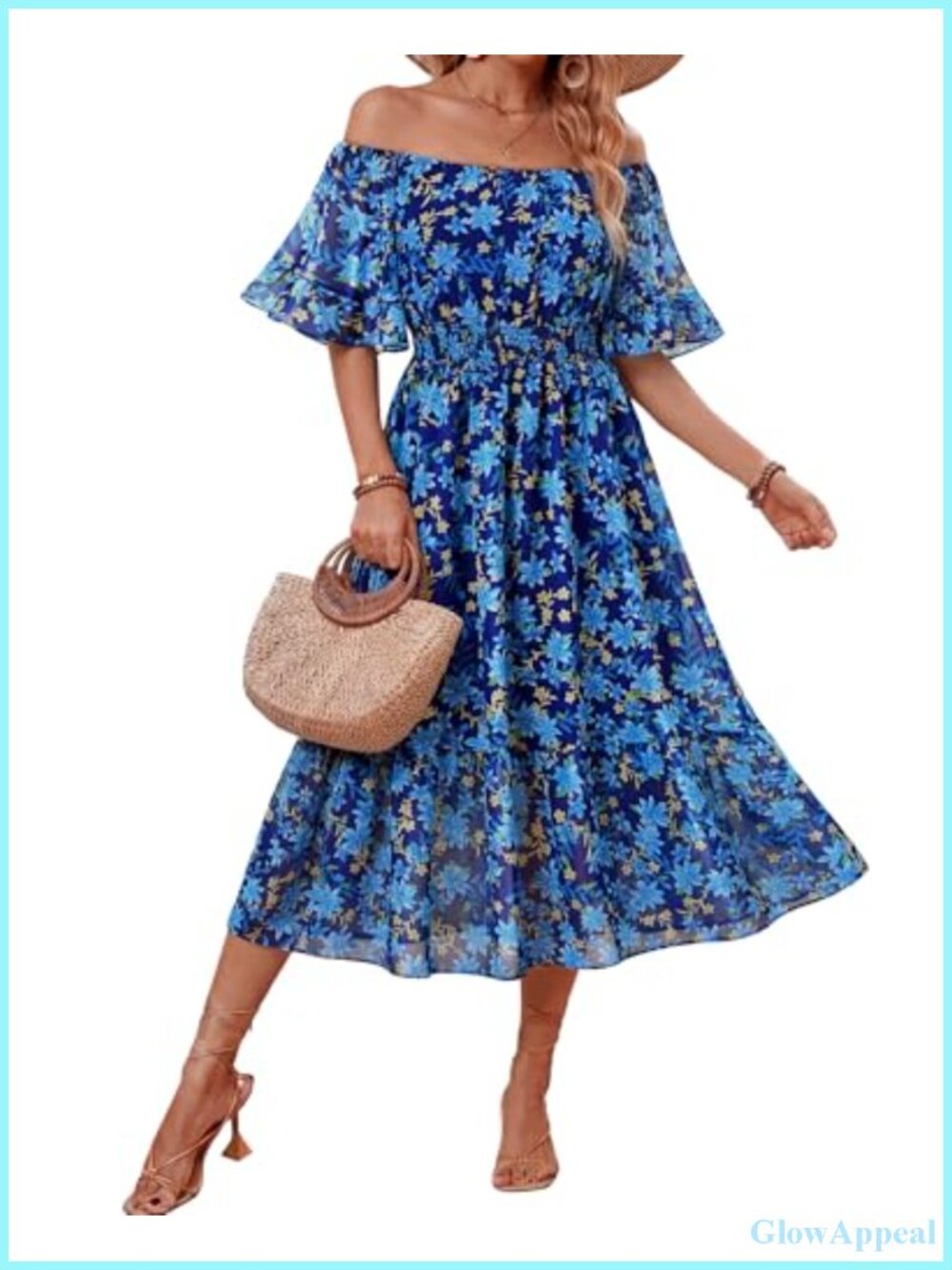Boho Off Shoulder Midi Dress Ruffle Sleeve Smocked Waist Flowy Chiffon